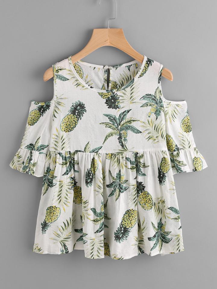 Shein Jungle Print Open Shoulder Frill Cuff Smock Blouse