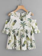Shein Jungle Print Open Shoulder Frill Cuff Smock Blouse