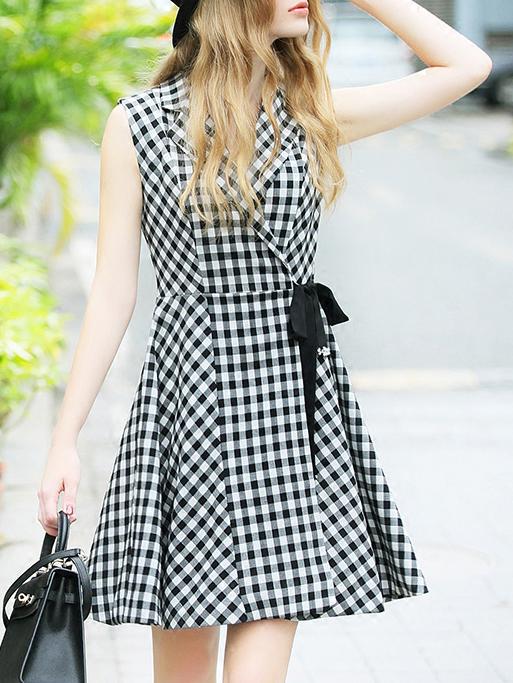 Shein Black V Neck Check Print A-line Dress