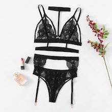 Shein Scalloped Trim Harness Lace Garter Lingerie Set With Choker