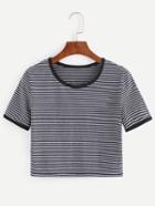 Shein Breton Navy Stripe Contrast Trim T-shirt