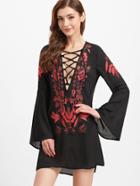 Shein Black Deep V Neck Lace Up Embroidered Chiffon Dress