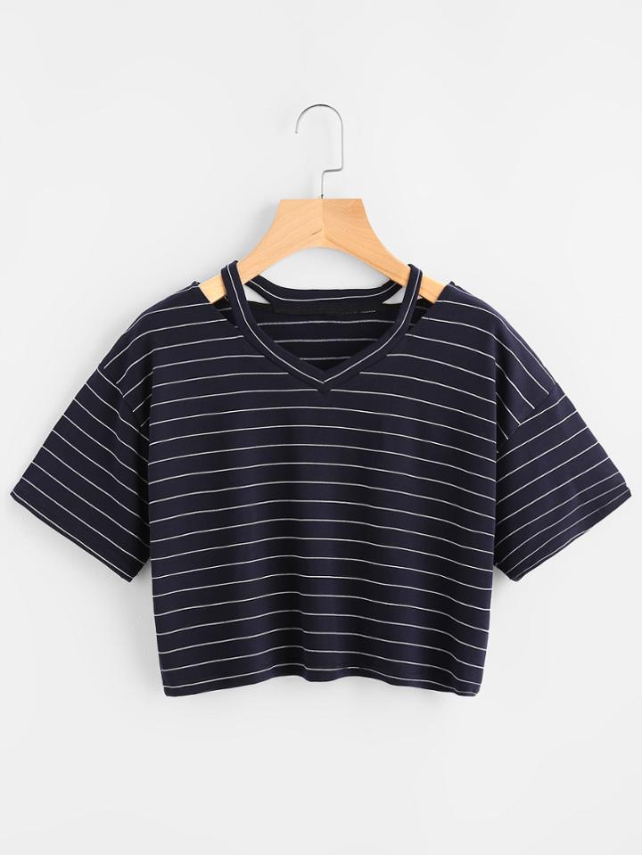 Shein Ripped Neck Striped Crop Tee