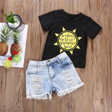 Shein Girls Sunflower Print Tee With Destroyed Denim Shorts