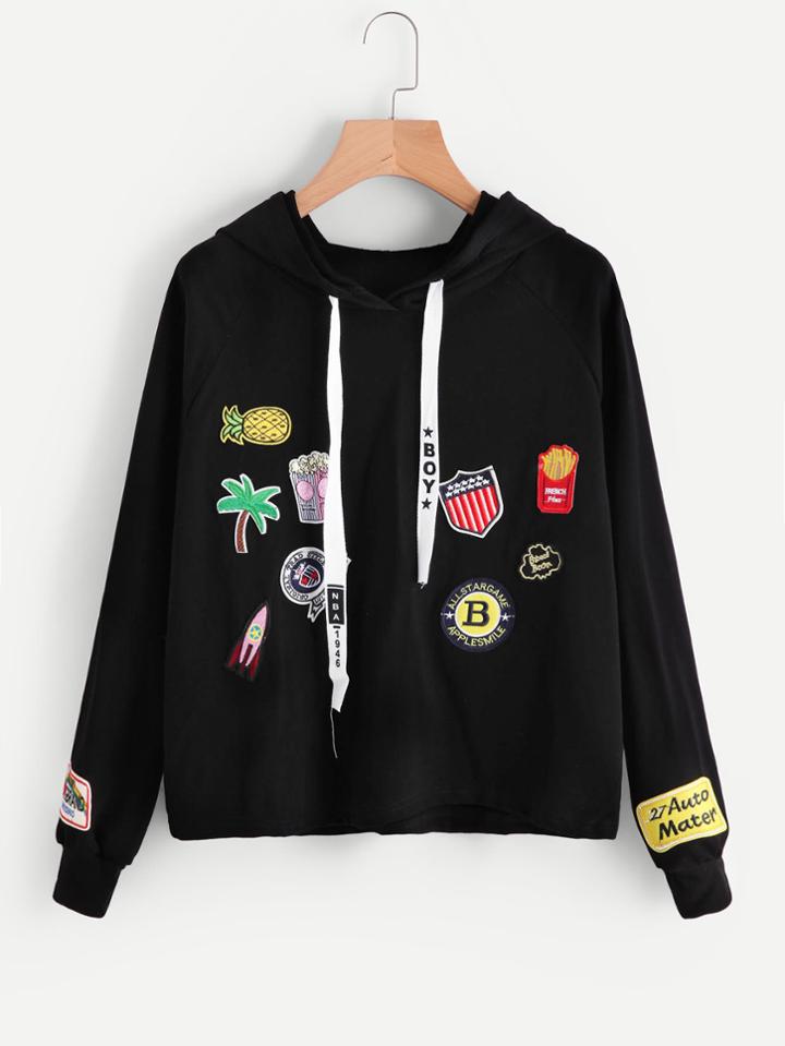 Shein Raglan Hoodie With Embroidered Badges