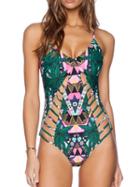 Shein Green Crisscross-back Leaves Print Hollow Out Swimwear