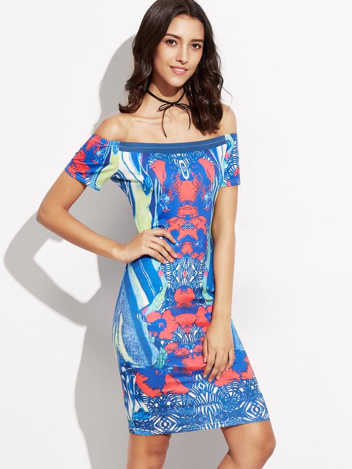 Shein Blue Print Off The Shoulder Sheath Dress