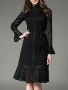 Shein Black Belted Bell Sleeve Lace Dress