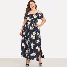 Shein Plus Open Shoulder Floral Print Split Dress