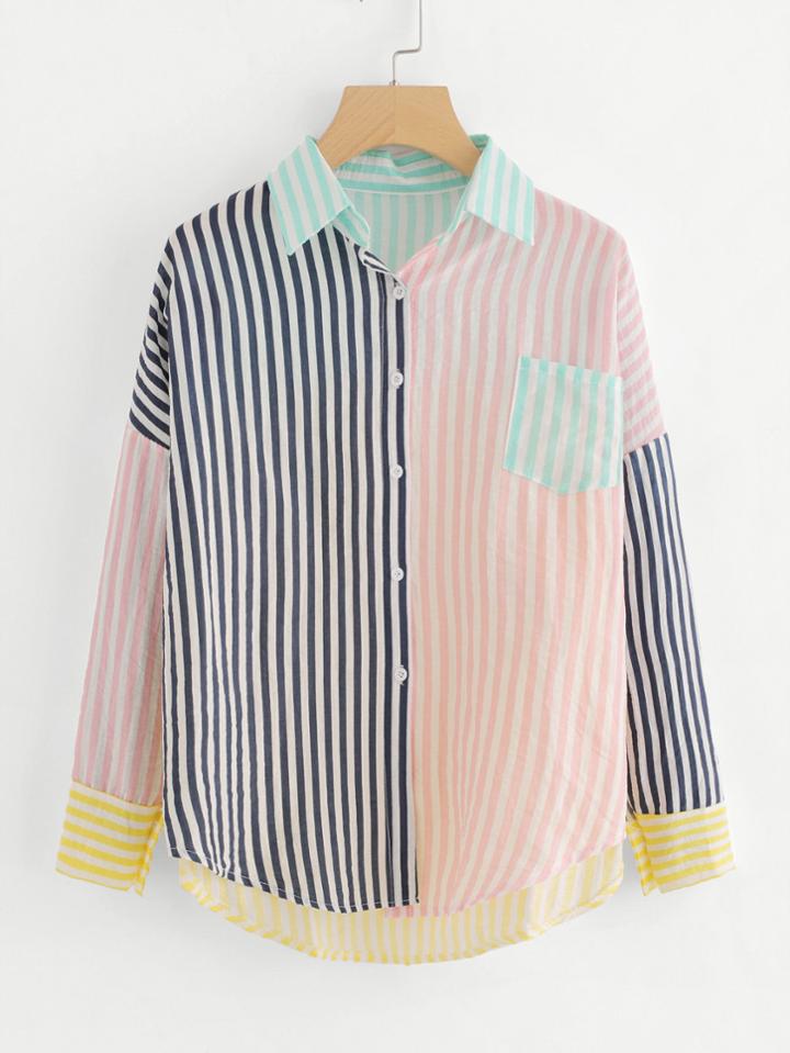 Shein Contrast Striped Drop Shoulder Dip Hem Shirt