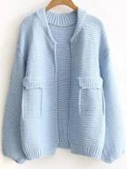 Shein Blue Ribbed Trim Open Front Sweater Coat With Fake Pockets