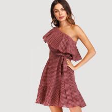 Shein One Shoulder Ruffle Hem Plaid Dress