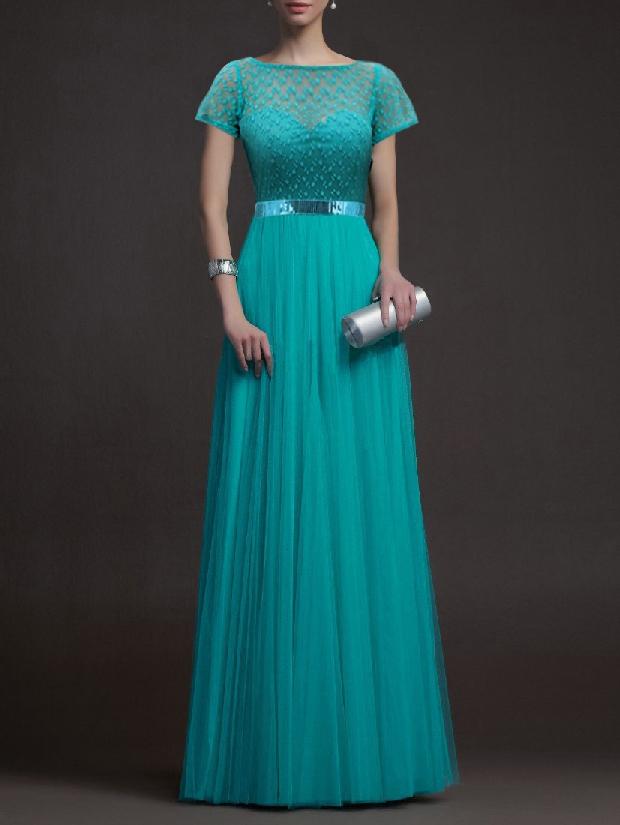 Shein Turquoise Round Neck Homecomming Sheer Mesh Maxi Dress