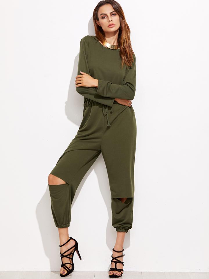 Shein Army Green Ripped Zipper Back Drawstring Jumpsuit