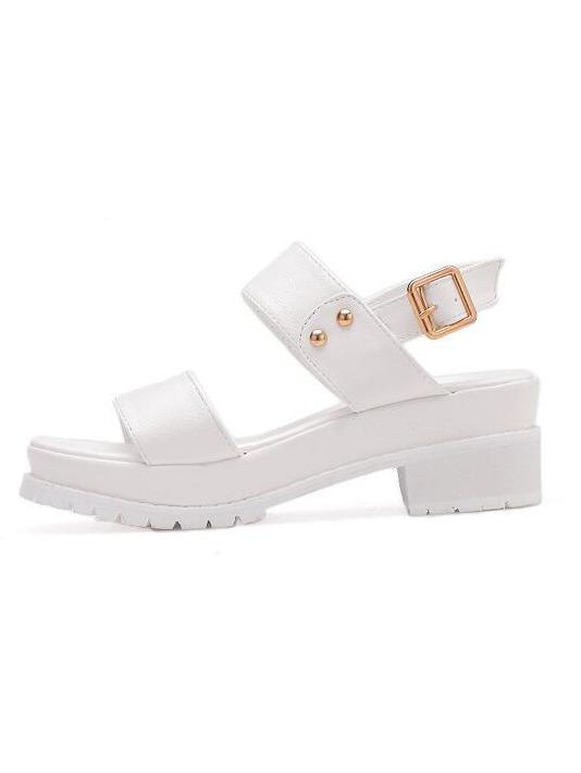 Shein Thick Strap Buckled Block Heel White Sandals
