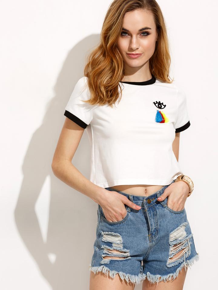 Shein White Applique Eye Tassel Contrast Trim Short Sleeve T-shirt