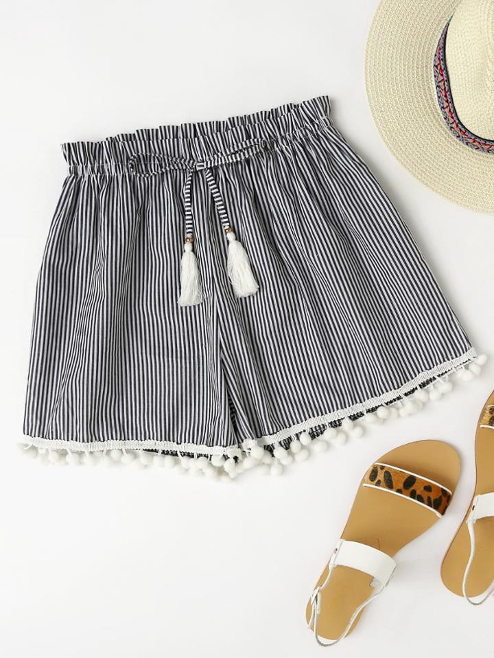 Shein Vertical Striped Drawstring Waist Pompom Hem Shorts