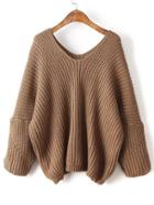 Shein Coffee V Neck Drop Shoulder Oversized Sweater