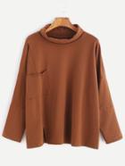 Shein Coffee Turtleneck Slit Hem Pocket T-shirt