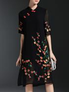 Shein Black Flowers Embroidered Shift Split Dress