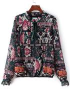 Shein Black Ruffle Collar Florals Lace Up Shirt