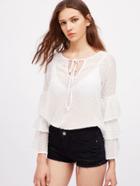 Shein Tie Neck Dot Jacquard Tiered Bell Sleeve Top