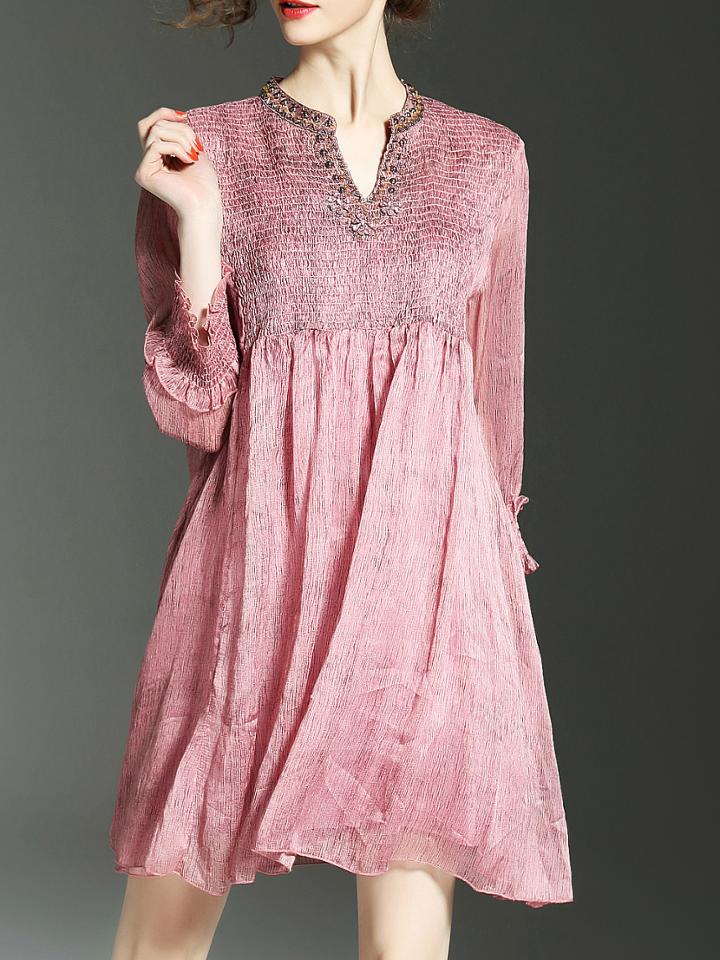 Shein V Neck Sheer Pleated Shift Dress