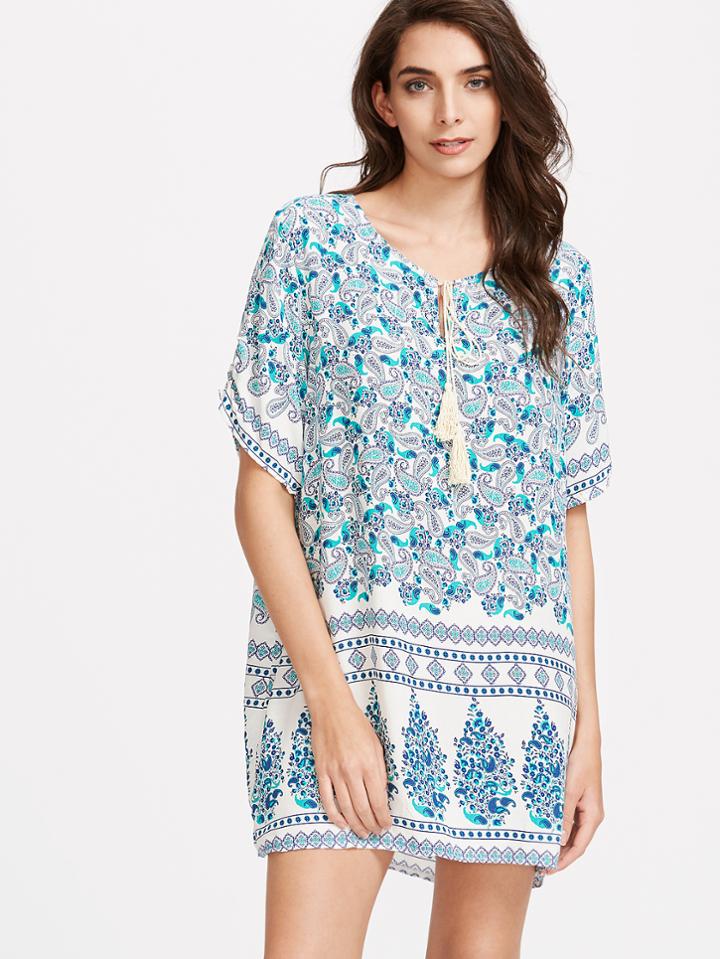 Shein Paisley Print Tassel Tie Neck Tunic Dress