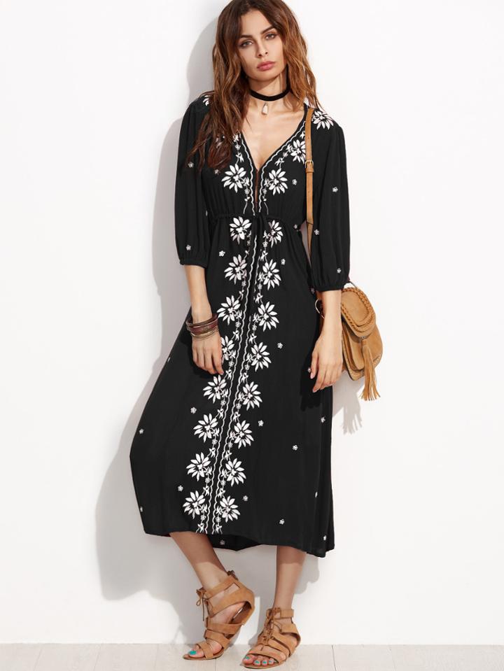 Shein Flower Embroidered Drawstring Waist Dress