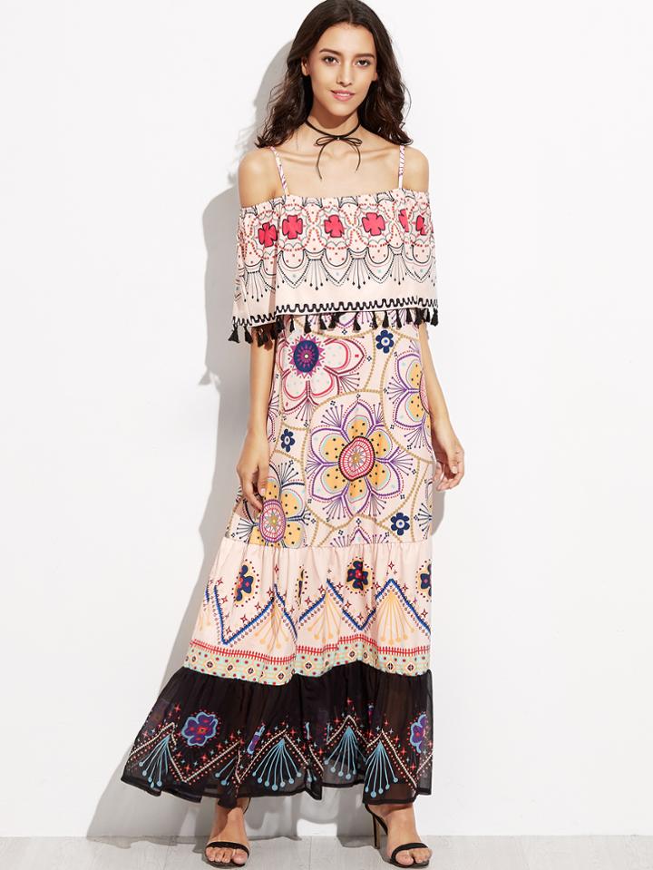 Shein Floral Print Cold Shoulder Mesh Hem Fringe Layered Dress