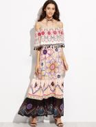 Shein Floral Print Cold Shoulder Mesh Hem Fringe Layered Dress