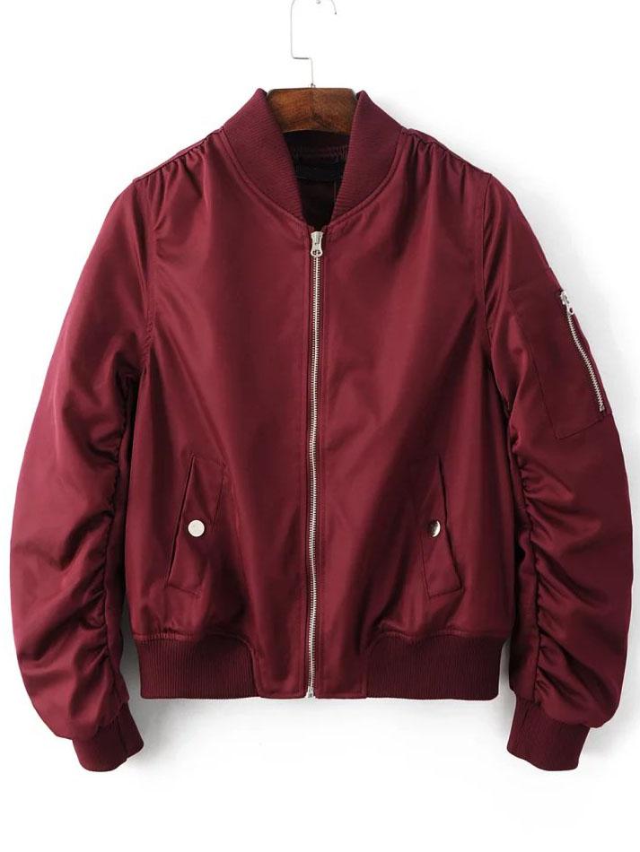 Shein Burgundy Zipper Up Flight Jacket With Pockets