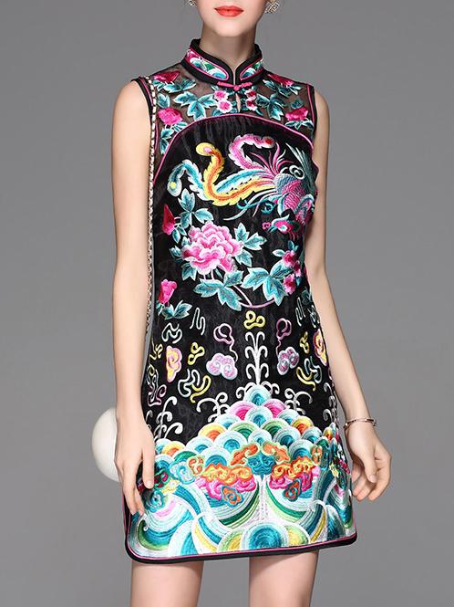Shein Black Organza Vintage Embroidered Sheath Dress