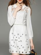 Shein White Hollow Gauze Embroidered Rivet Dress