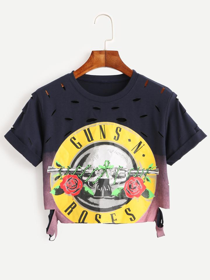 Shein Navy Pattern Print Cut Out Cuffed Crop T-shirt