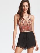 Shein Patchwork Print Crisscross Double Strap Cami Top