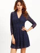 Shein Navy V Neck Three Quarter Length Sleeve Lace Dress