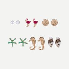 Shein Flamingos & Shell Stud Earrings 6pairs