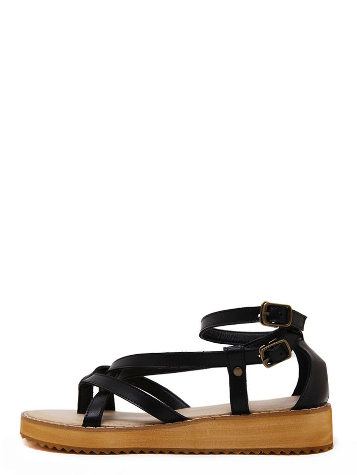 Shein Black Crisscross Buckle Flatform Flip Wedges