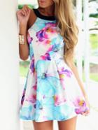 Shein Muiticolour Strap Hibiscus Floral Slim Flare Iridescent Dress