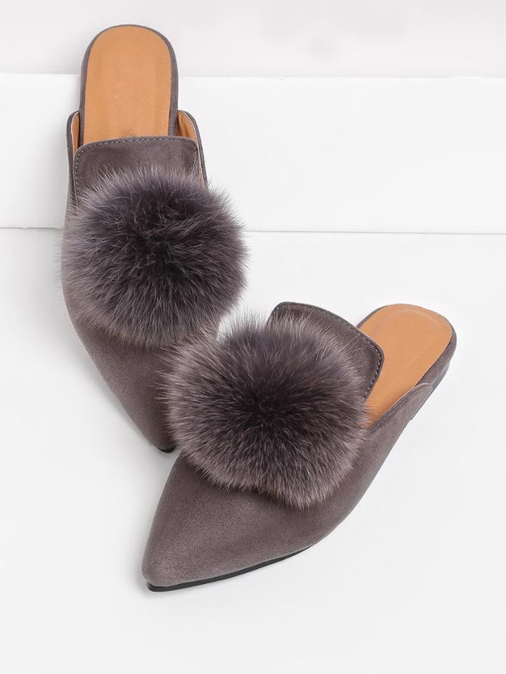 Shein Pom Pom Decorated Pointed Toe Flat Mules
