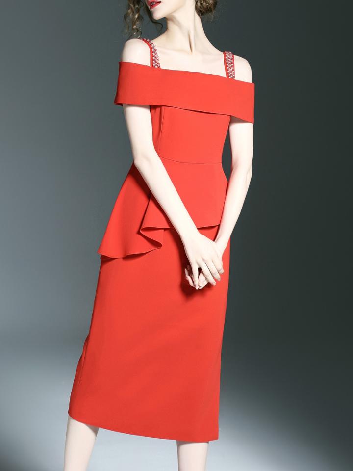 Shein Red Boat Neck Ruffle Sheath Dress