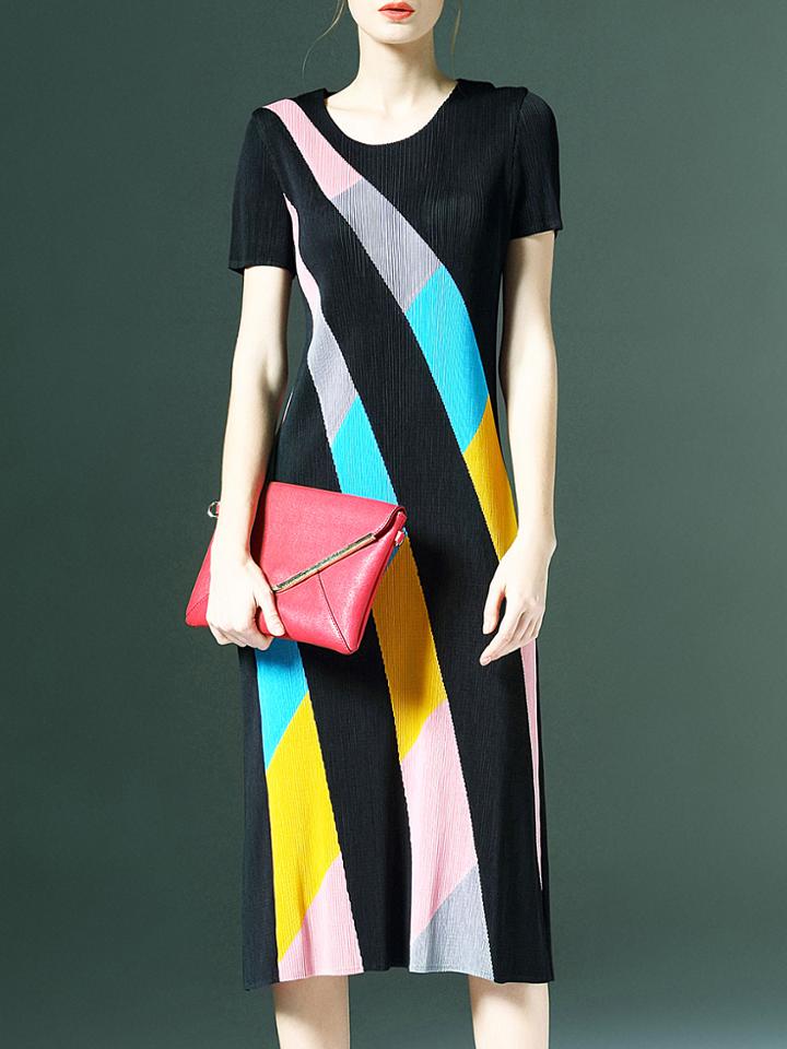 Shein Black Color Block Pleated Elastic Dress