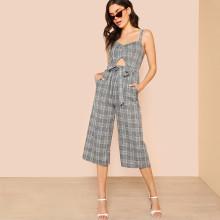 Shein Glen Plaid Jumpsuit With Belt And Cut Out Detail