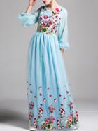 Shein Flowers Applique Puff Sleeve Embroidered Maxi Dress