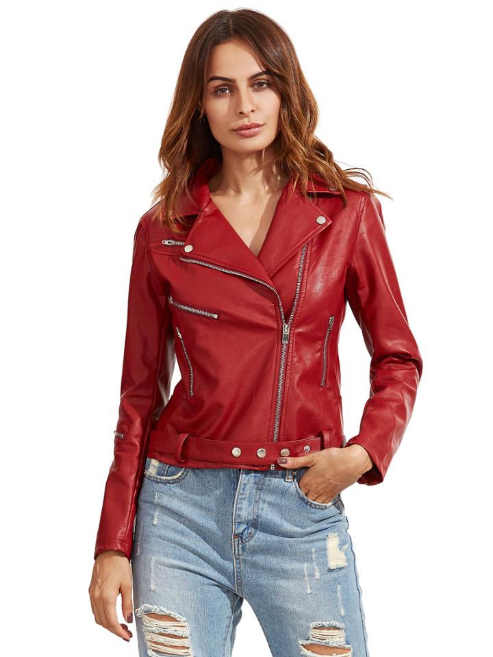 Shein Red Long Sleeve Lapel Zipper Jackets