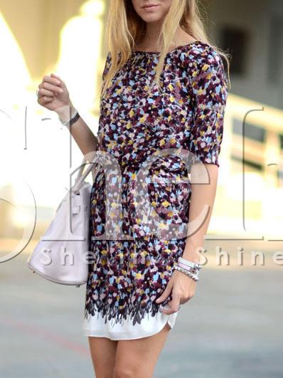 Shein White Floral Print Shirred Waist Dress