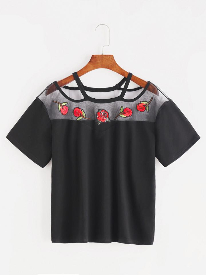 Shein Rose Patch Mesh Yoke Cutout Strappy T-shirt