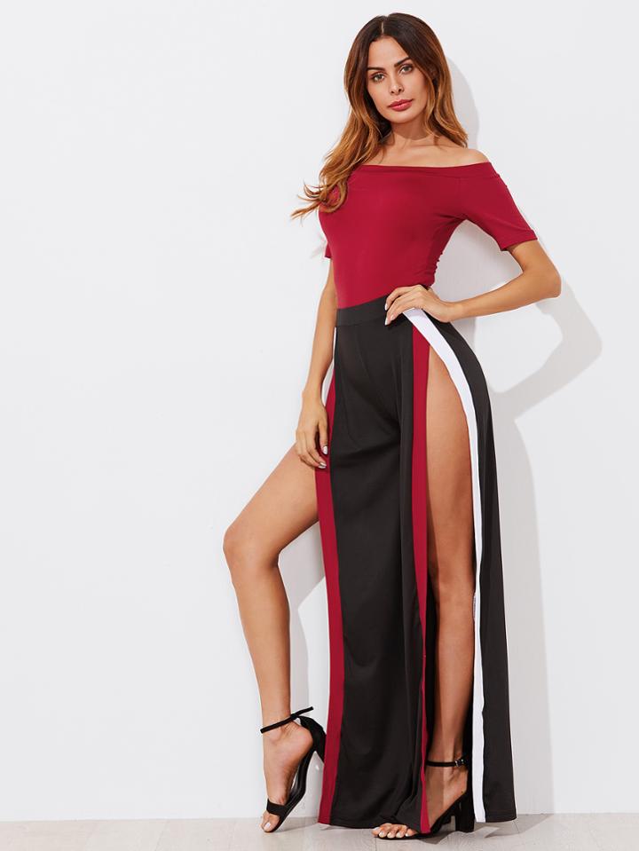 Shein Bardot Bodysuit With Contrast Trim Split Wide Pants
