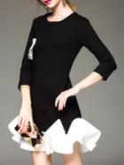 Shein Black Crew Neck Ruffle Shift Dress